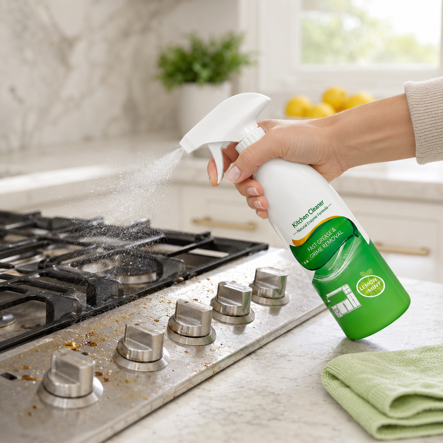 Kitchen appliance surface being wiped with a cloth