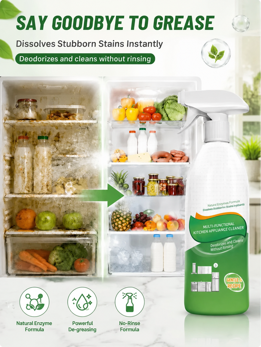 Before-and-after refrigerator cleaning example with the kitchen appliance cleaner