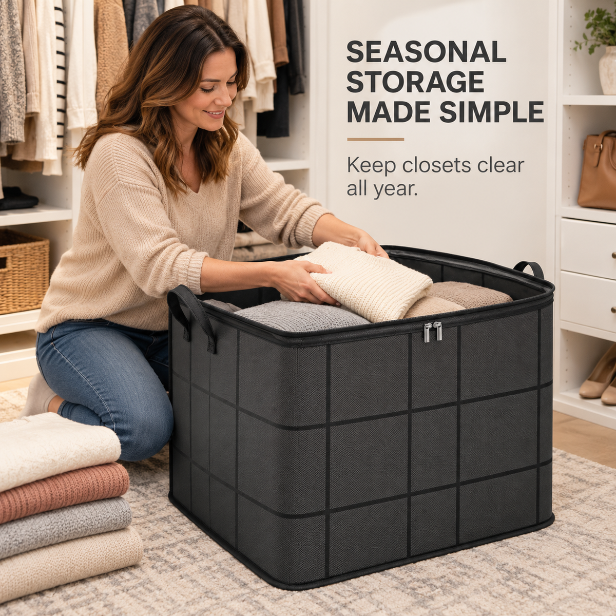 Foldable Under-Bed Clothes Storage Bin with Lid & Handles