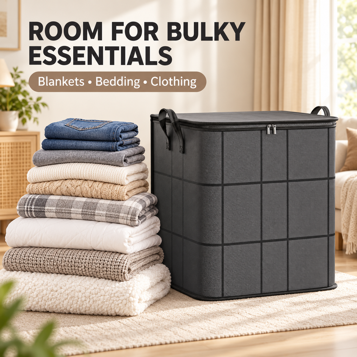 Foldable Under-Bed Clothes Storage Bin with Lid & Handles